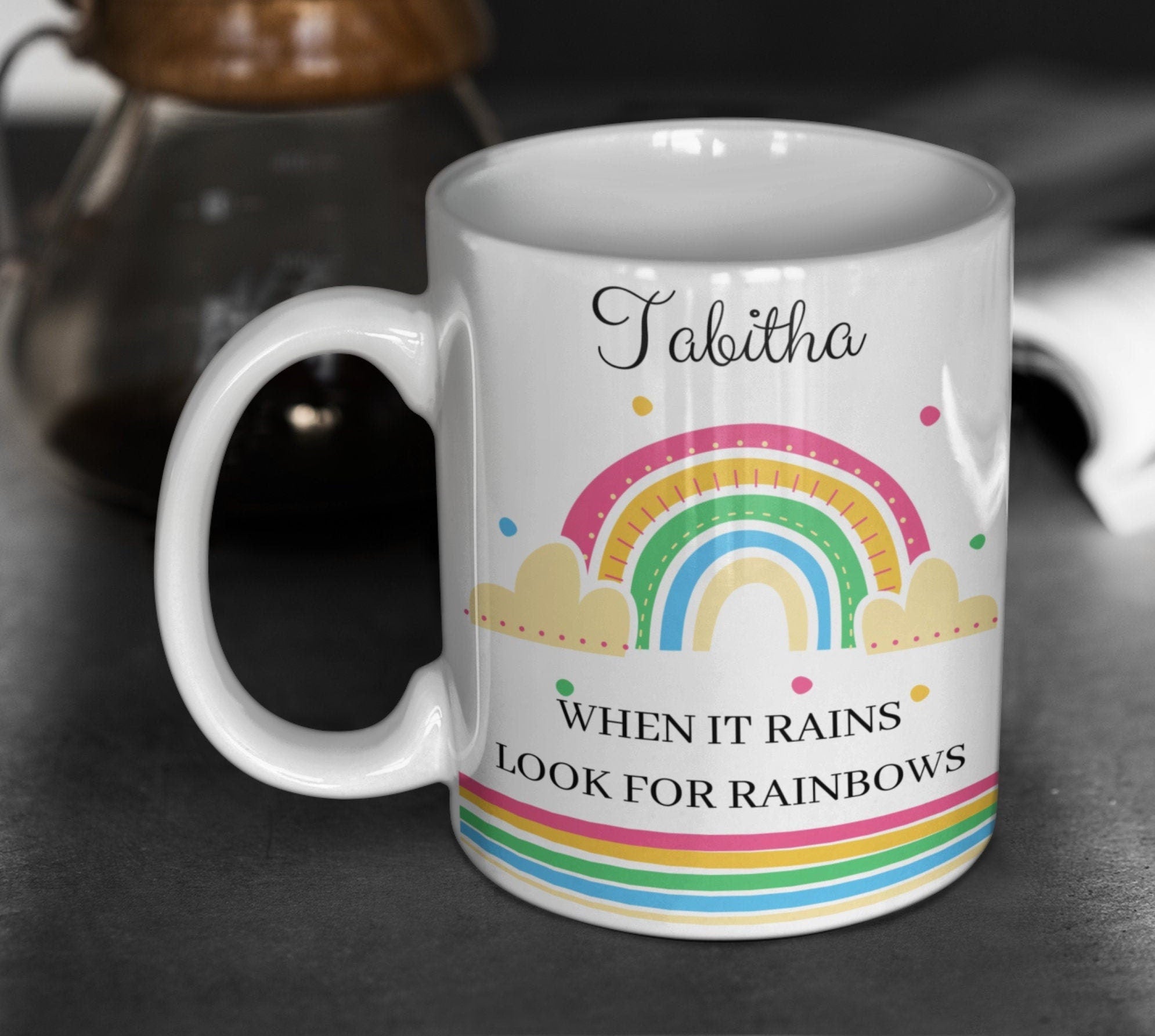 When it rains look for rainbows positivity inspirational coffee mug gift