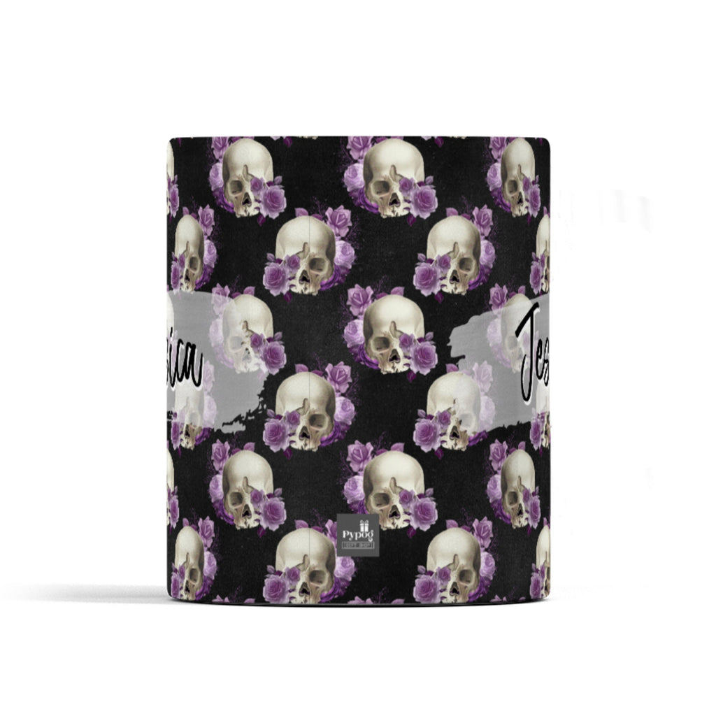 Skull coffee mug, personalised mug, skull purple roses, black with skulls, with any name, Goth Birthday Mug, Goth Gift for friend
