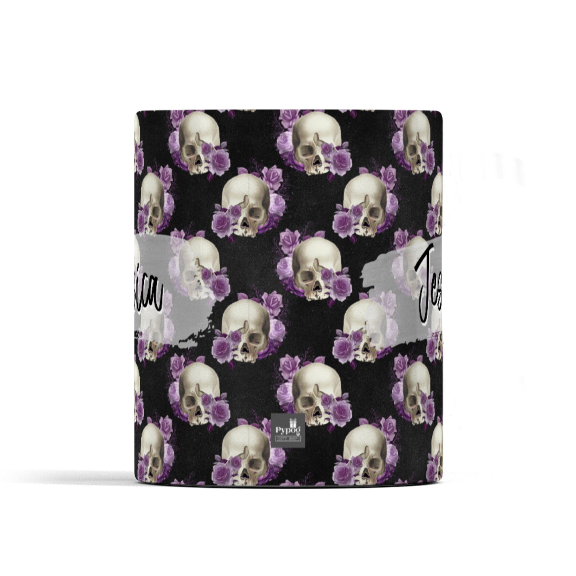 Skull coffee mug, personalised mug, skull purple roses, black with skulls, with any name, Goth Birthday Mug, Goth Gift for friend