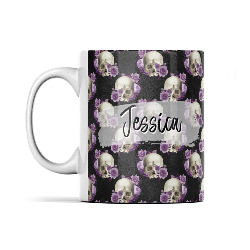 Skull coffee mug, personalised mug, skull purple roses, black with skulls, with any name, Goth Birthday Mug, Goth Gift for friend