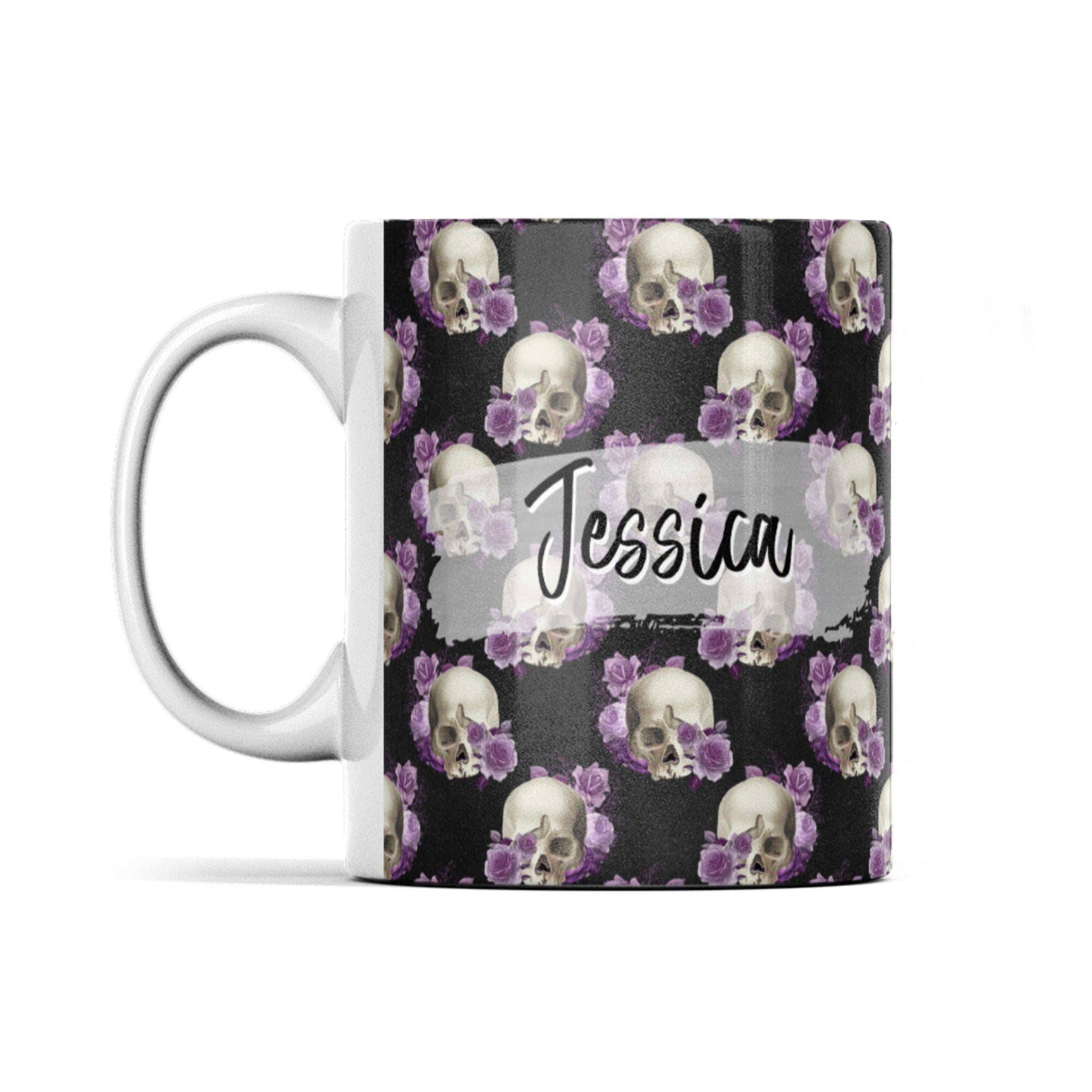 Skull coffee mug, personalised mug, skull purple roses, black with skulls, with any name, Goth Birthday Mug, Goth Gift for friend
