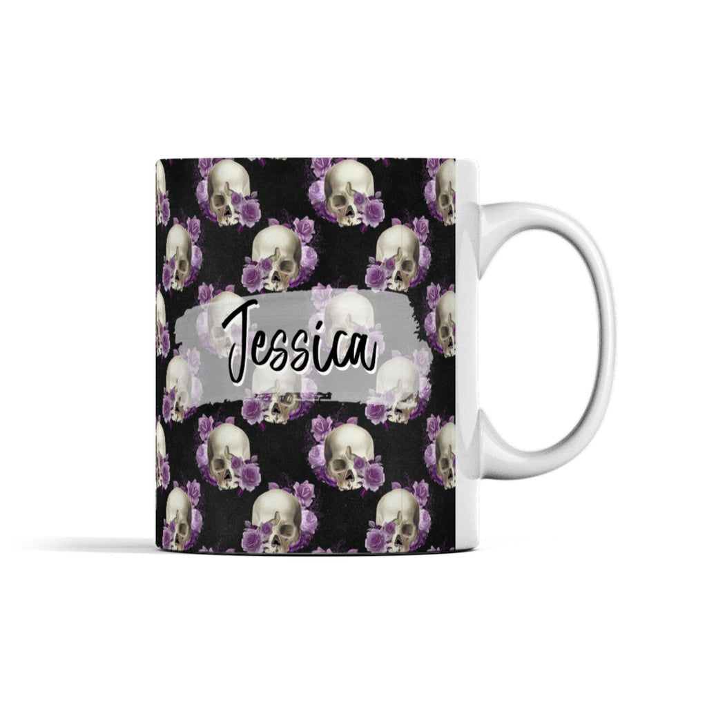 Skull coffee mug, personalised mug, skull purple roses, black with skulls, with any name, Goth Birthday Mug, Goth Gift for friend